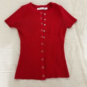 Red Ribbed Button-Down Shirt